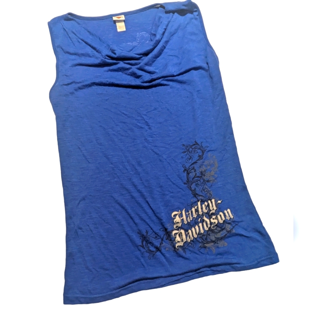 Harley Davidson Motorcycles Blue Sleeveless Cowl neck T-shirt‎ Santa Fe, NM Lg
